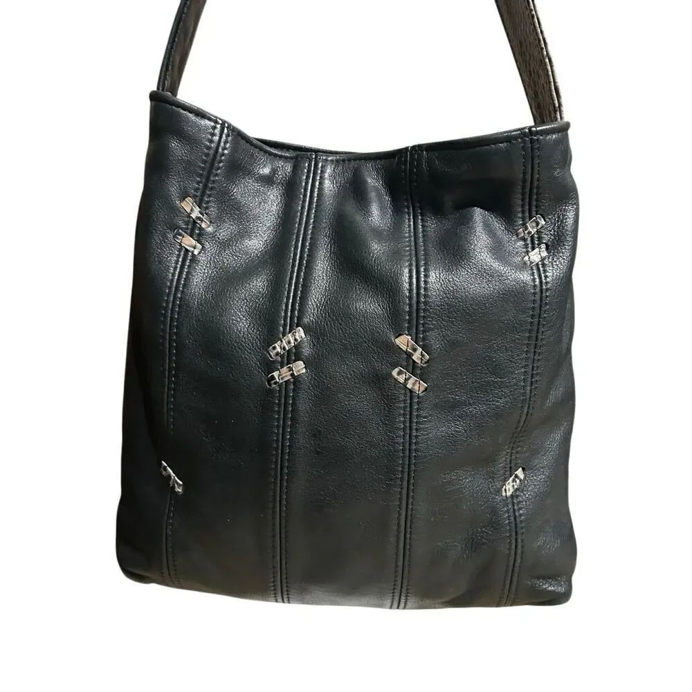 Black Leather Slouchy Hobo Bag Snakeskin Strap Silver Ring Hardware Y2K